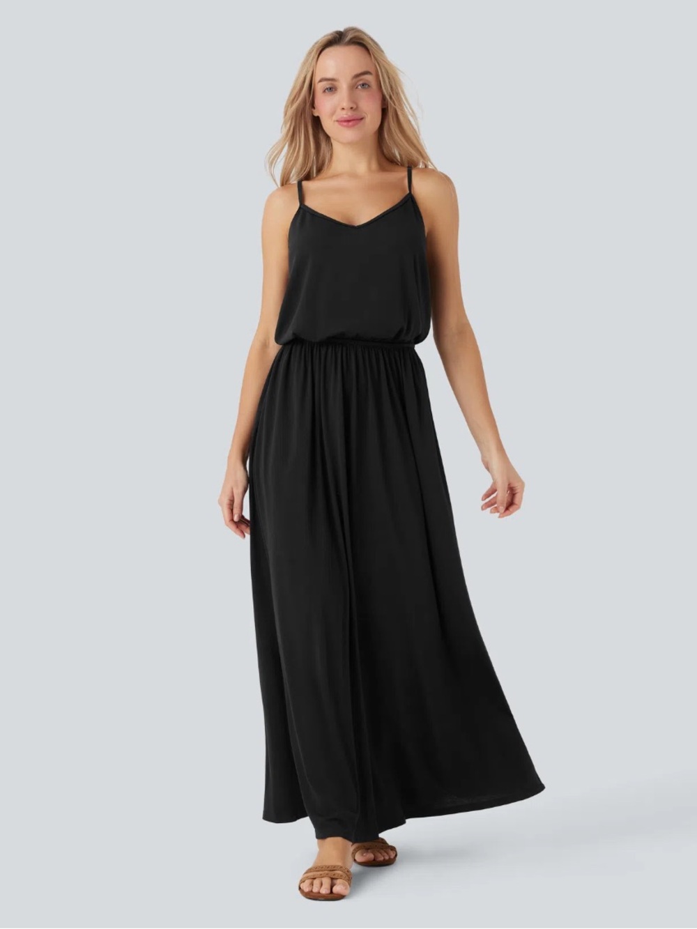 HALARA Black Spaghetti-Strap Blouson Maxi Dress